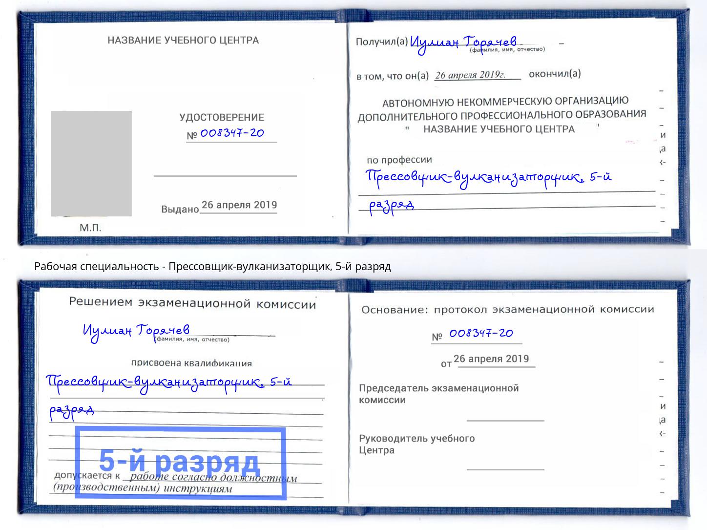 корочка 5-й разряд Прессовщик-вулканизаторщик Богданович