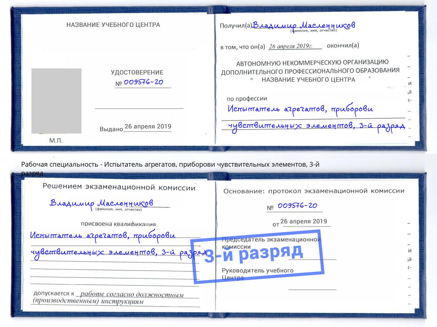 корочка 3-й разряд Испытатель агрегатов, приборови чувствительных элементов Богданович