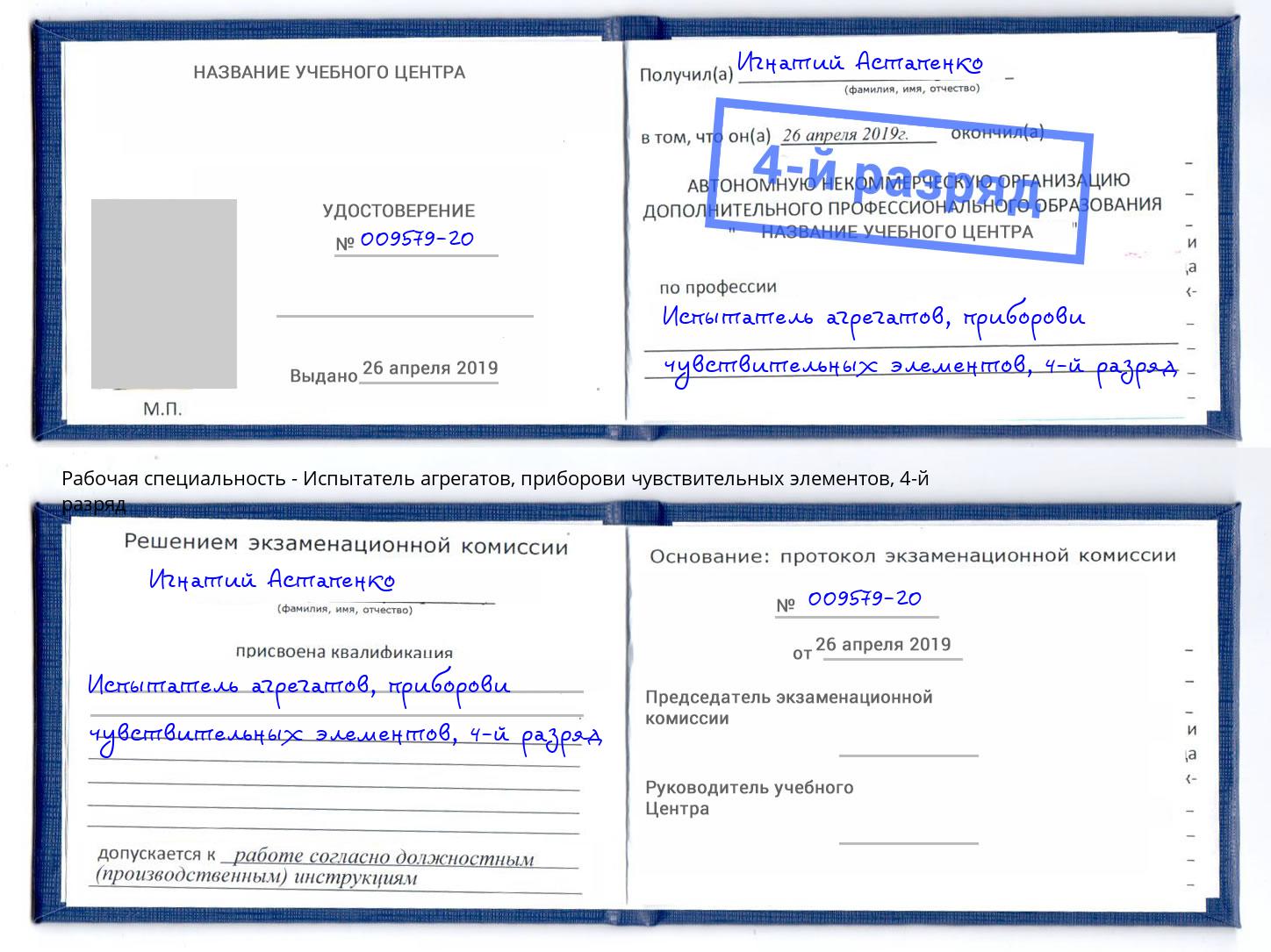 корочка 4-й разряд Испытатель агрегатов, приборови чувствительных элементов Богданович