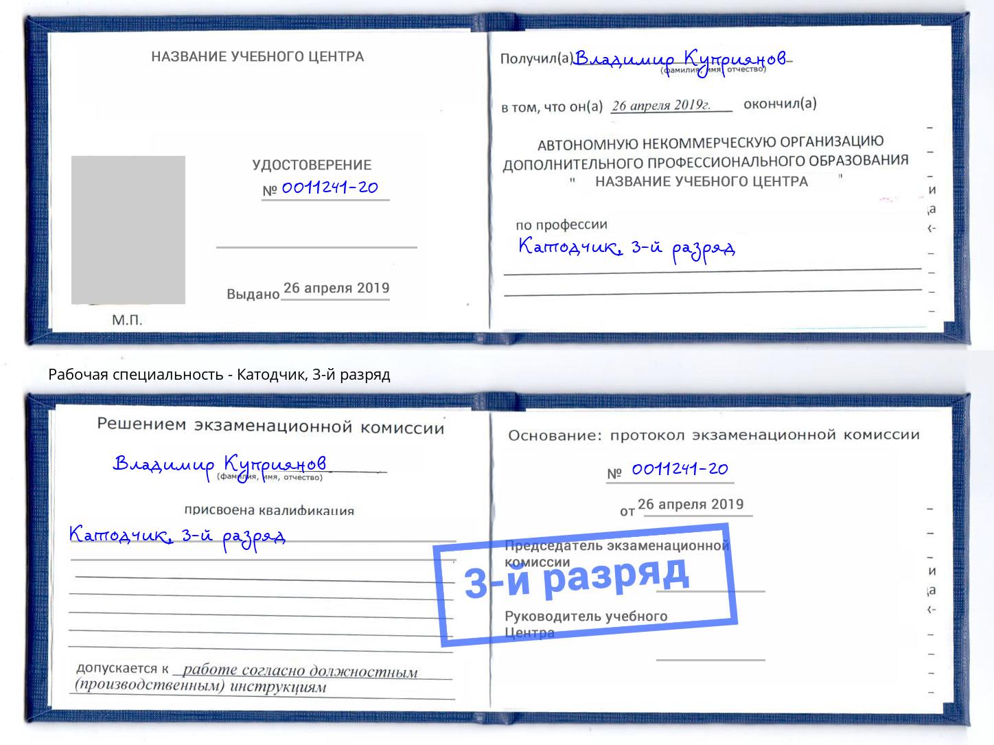 корочка 3-й разряд Катодчик Богданович