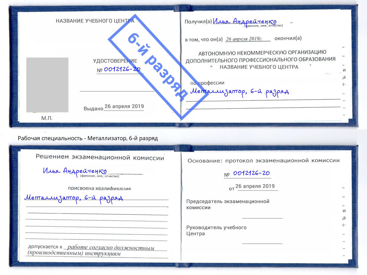 корочка 6-й разряд Металлизатор Богданович