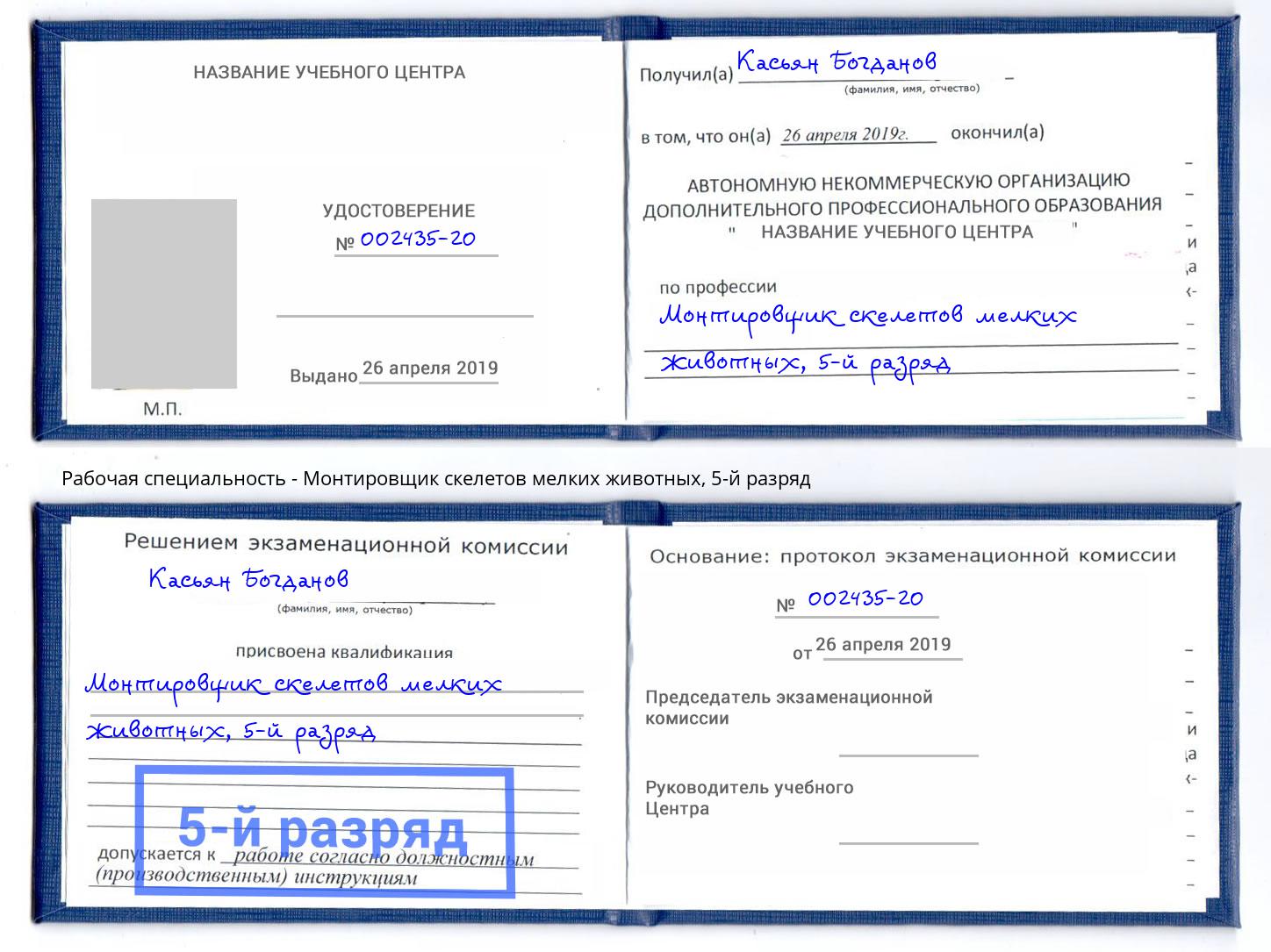корочка 5-й разряд Монтировщик скелетов мелких животных Богданович