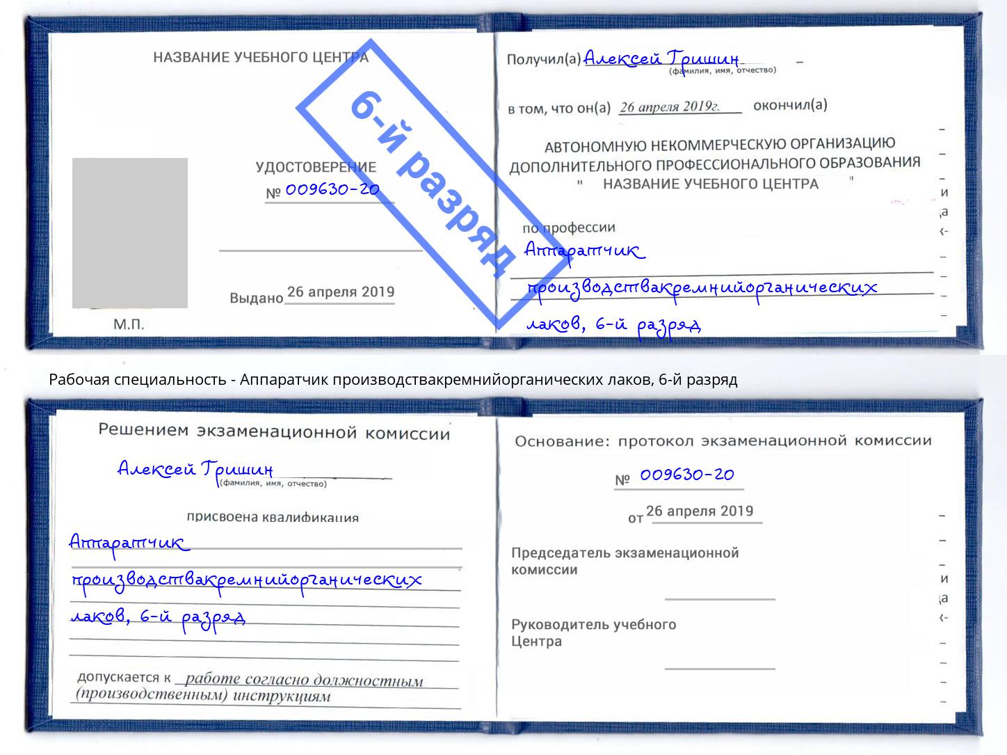 корочка 6-й разряд Аппаратчик производствакремнийорганических лаков Богданович