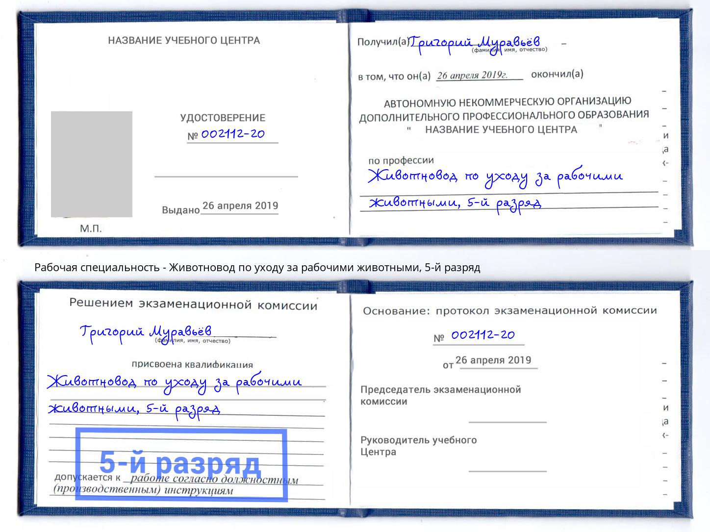 корочка 5-й разряд Животновод по уходу за рабочими животными Богданович