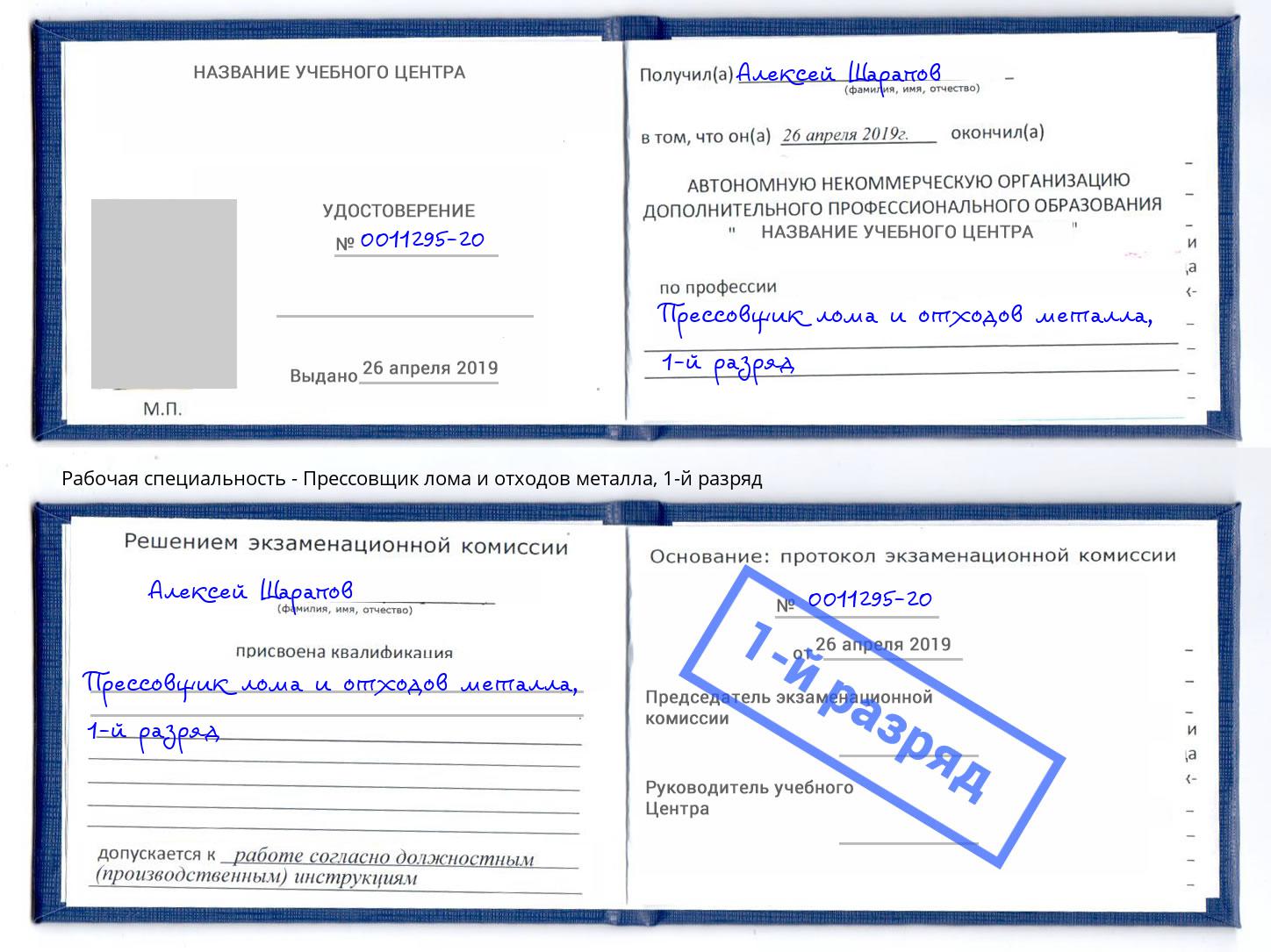 корочка 1-й разряд Прессовщик лома и отходов металла Богданович