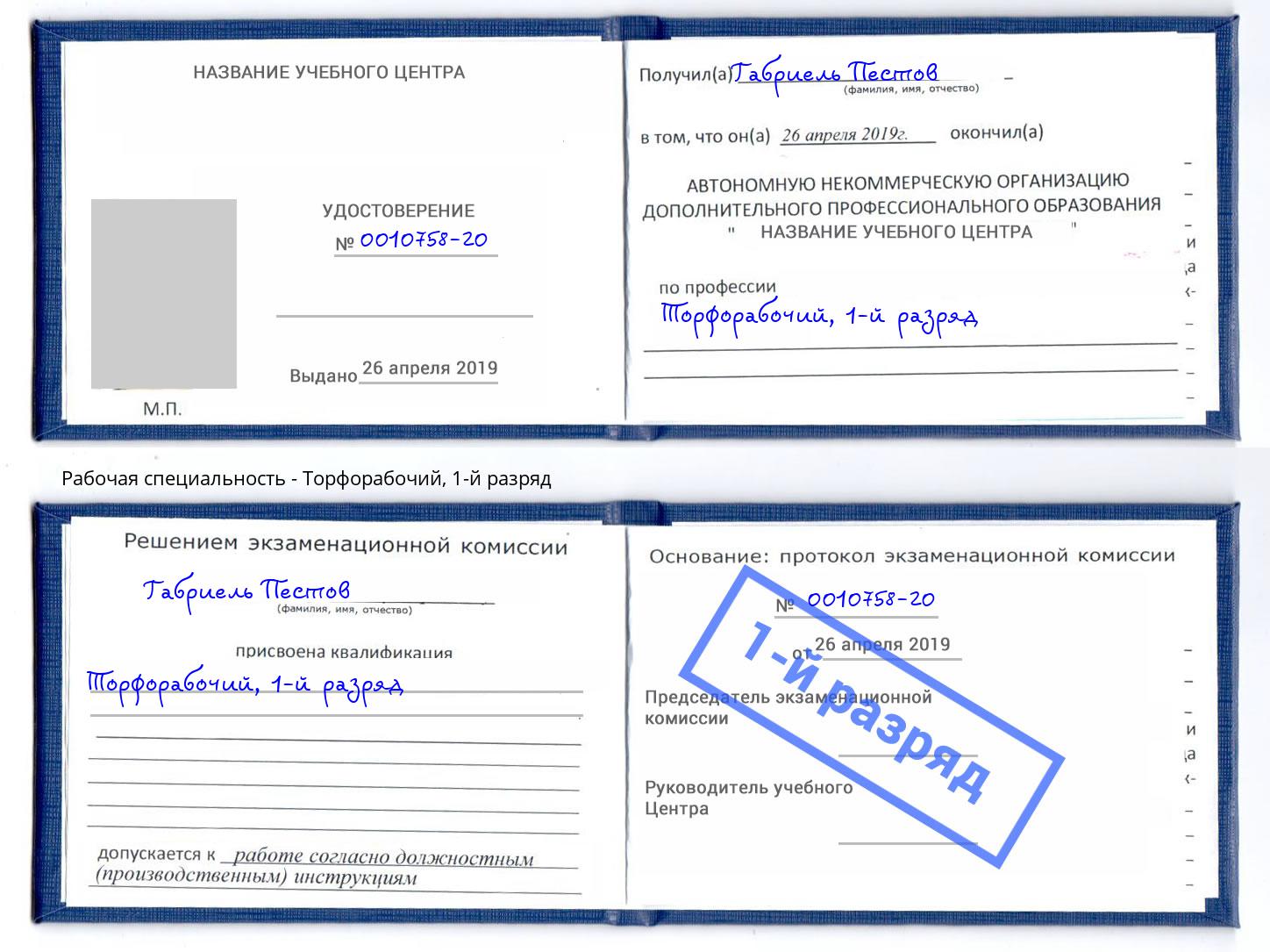 корочка 1-й разряд Торфорабочий Богданович