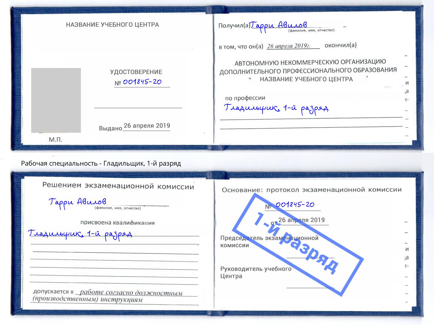корочка 1-й разряд Гладильщик Богданович