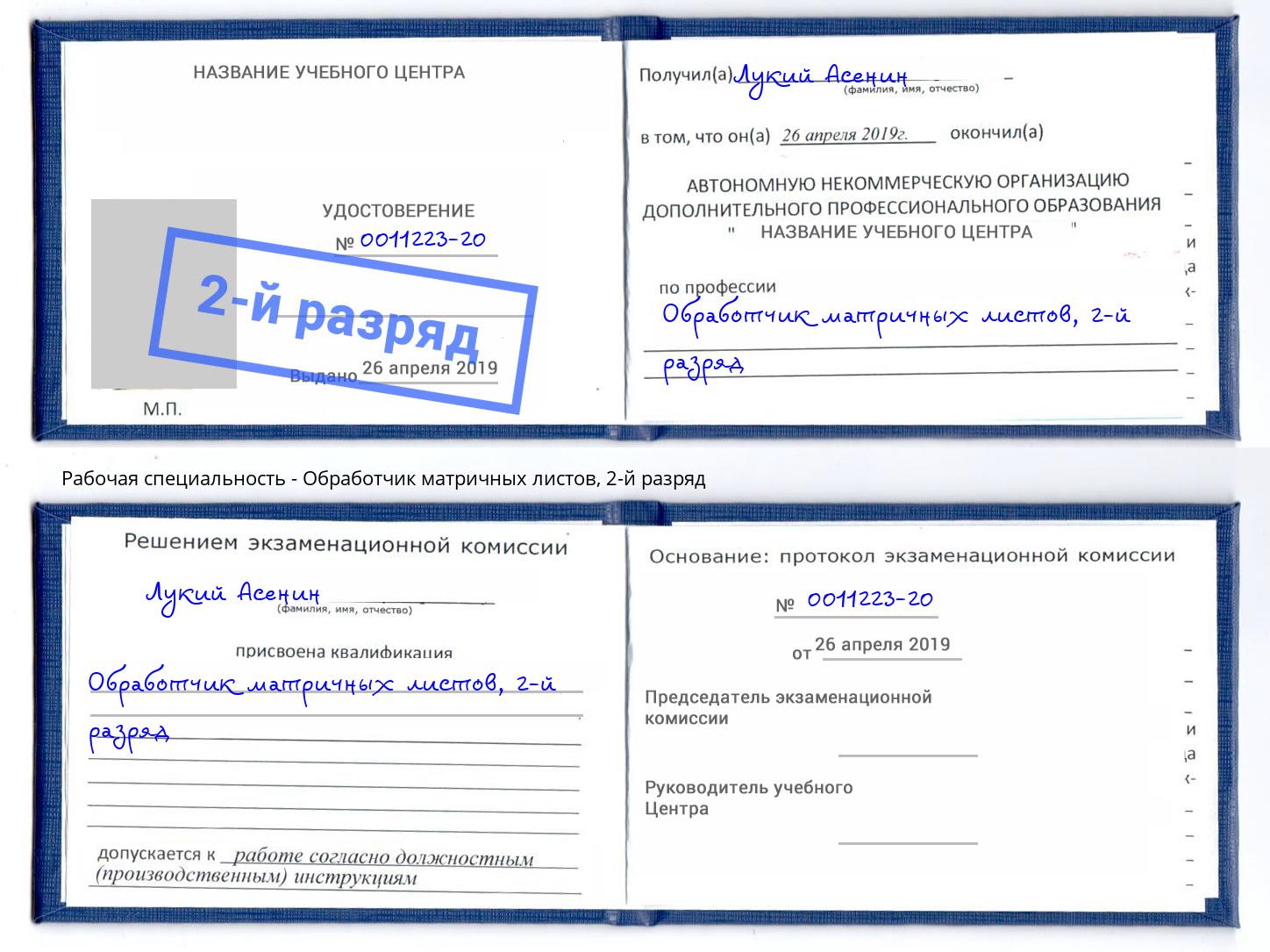 корочка 2-й разряд Обработчик матричных листов Богданович