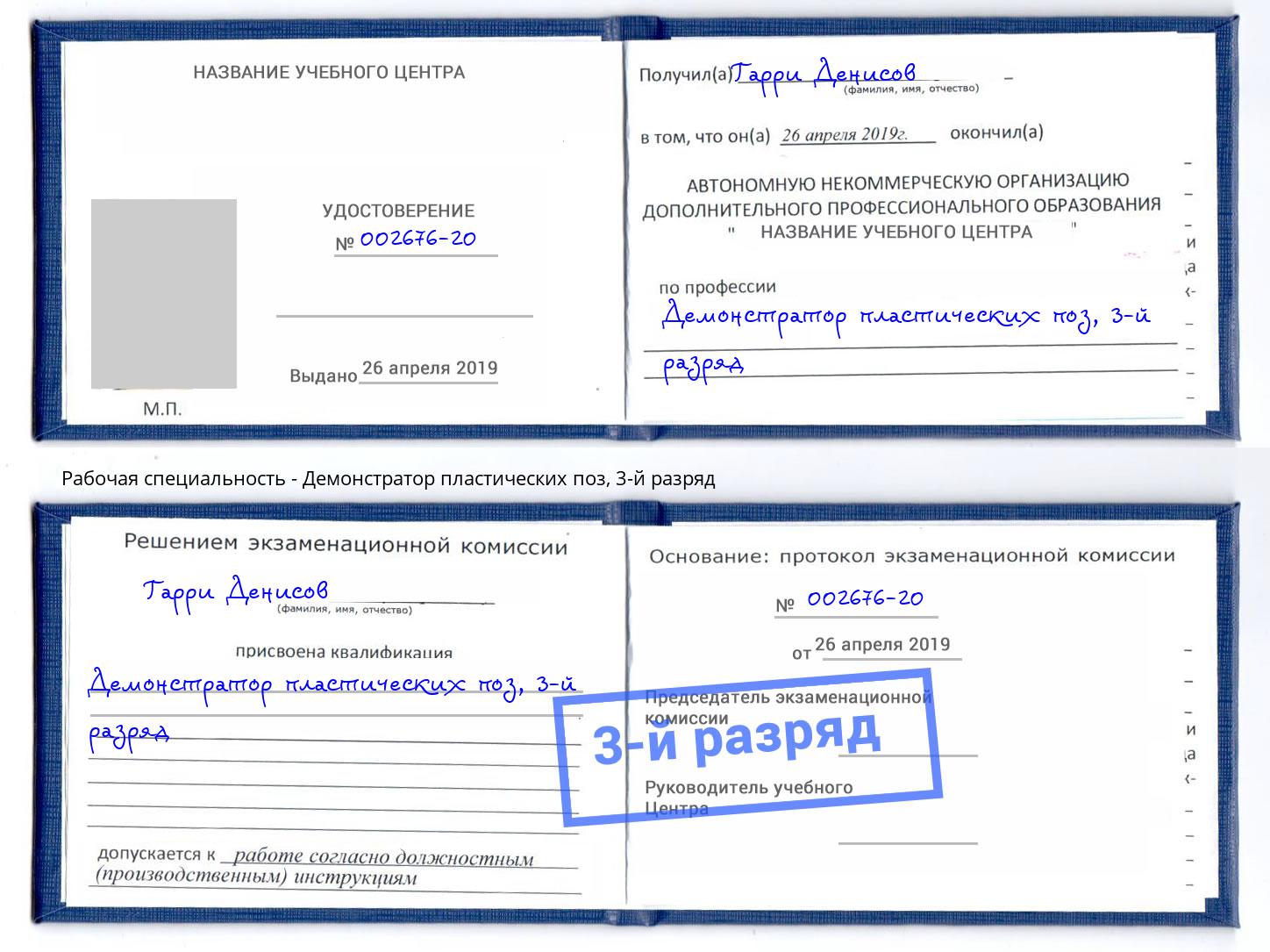 корочка 3-й разряд Демонстратор пластических поз Богданович