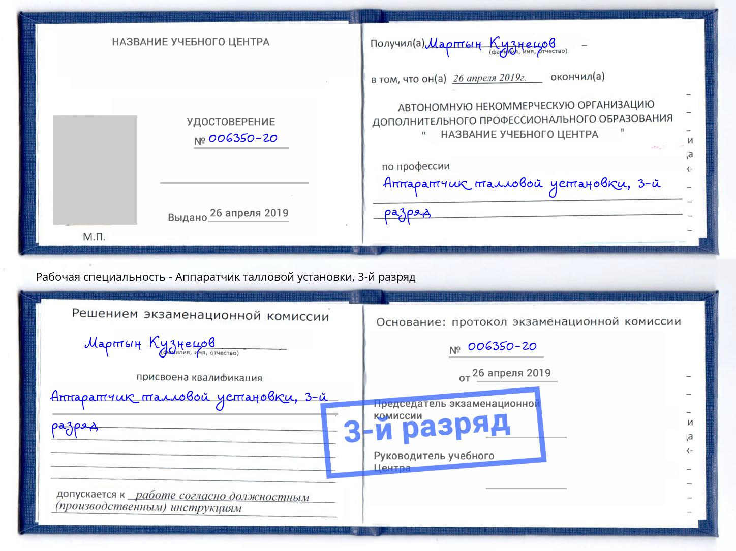 корочка 3-й разряд Аппаратчик талловой установки Богданович