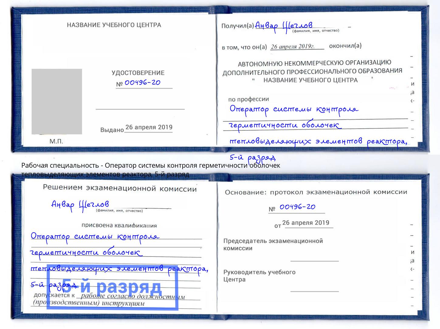 корочка 5-й разряд Оператор системы контроля герметичности оболочек тепловыделяющих элементов реактора Богданович