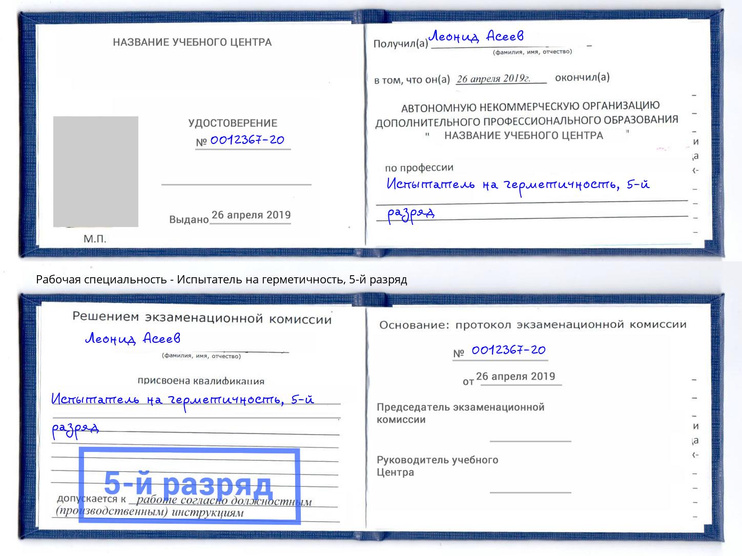 корочка 5-й разряд Испытатель на герметичность Богданович
