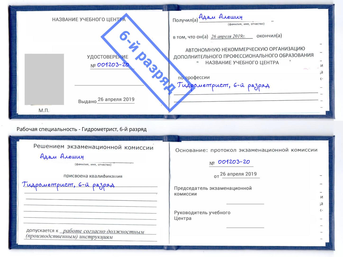 корочка 6-й разряд Гидрометрист Богданович