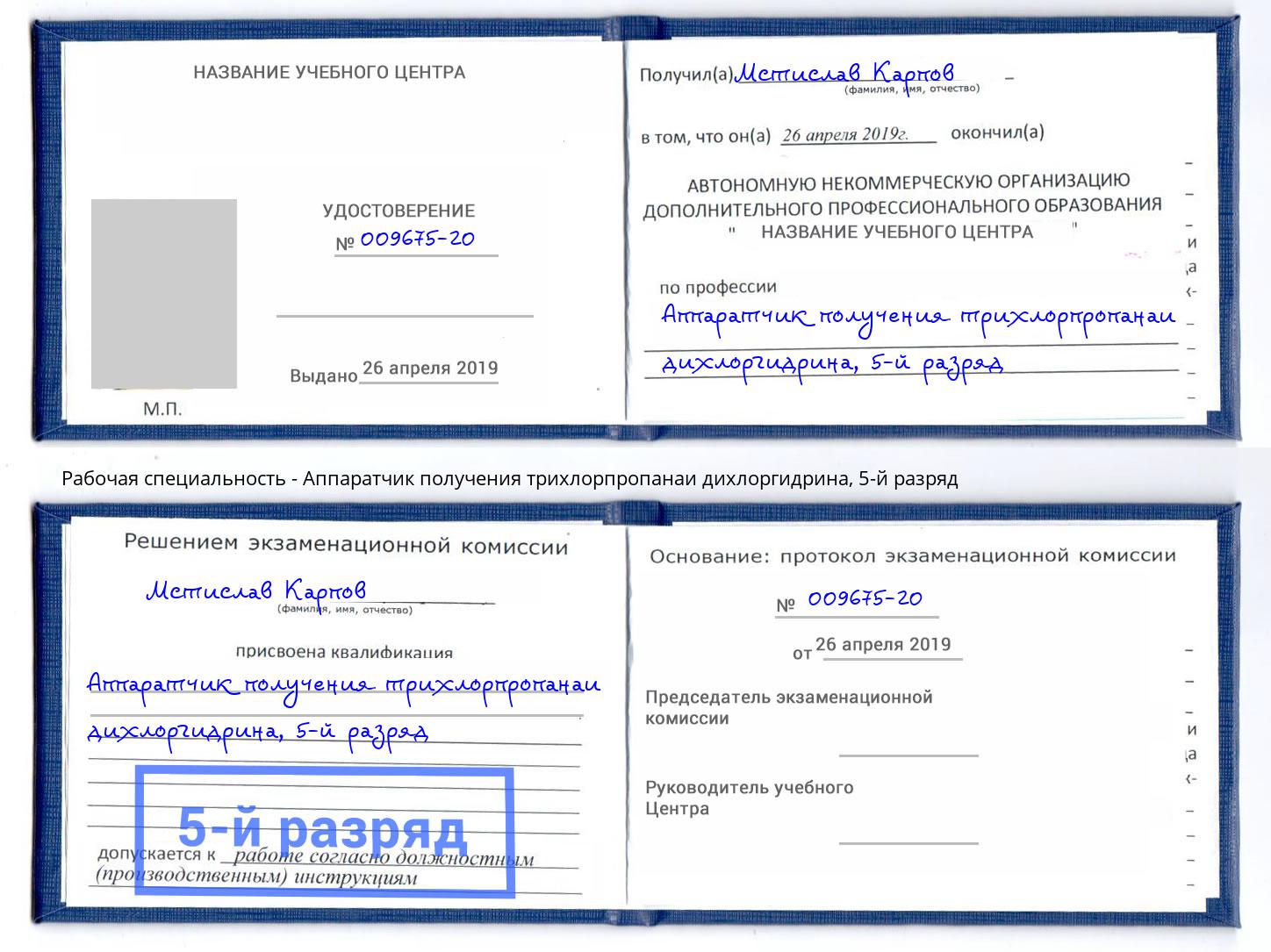 корочка 5-й разряд Аппаратчик получения трихлорпропанаи дихлоргидрина Богданович