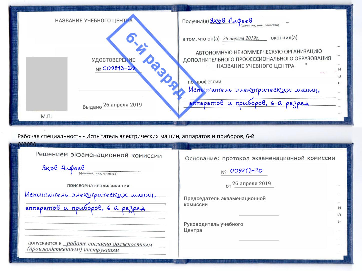 корочка 6-й разряд Испытатель электрических машин, аппаратов и приборов Богданович